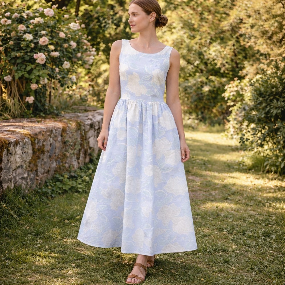 Vintage Lanz Floral Midi Dress Sz 12 Sleeveless Retro Cottage Feminine Tea Dress